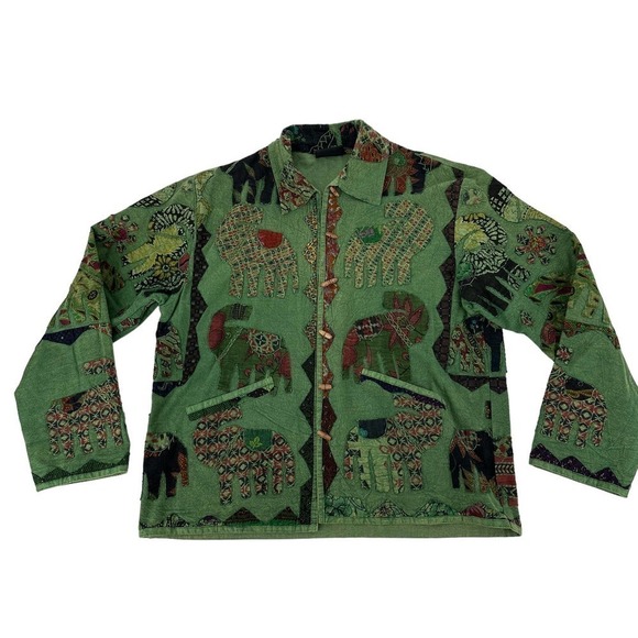 Tropical Elephants Boho womens wood toggle Jacket Patchwork Womens Green medium - Picture 3 of 14